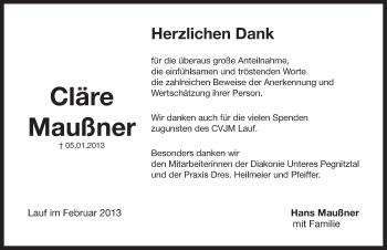 Traueranzeige von Cläre Maußner von Pegnitz-Zeitung